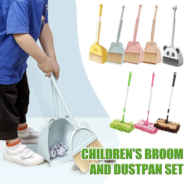 A children's broom and dustpan set with yellow and pink cleaning tools shown next to a child.