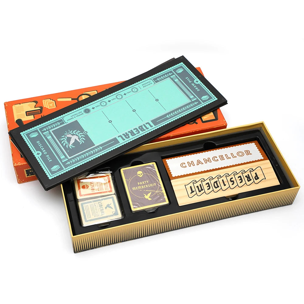 A box set of Secret Hitle social deduction cards featuring a liberal theme and a chancellor card.