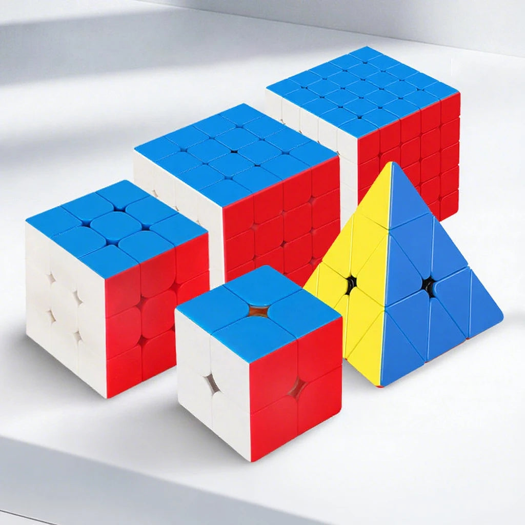 A set of multi-sided logic puzzle cubes in blue, red, and white, including a pyramid shape.