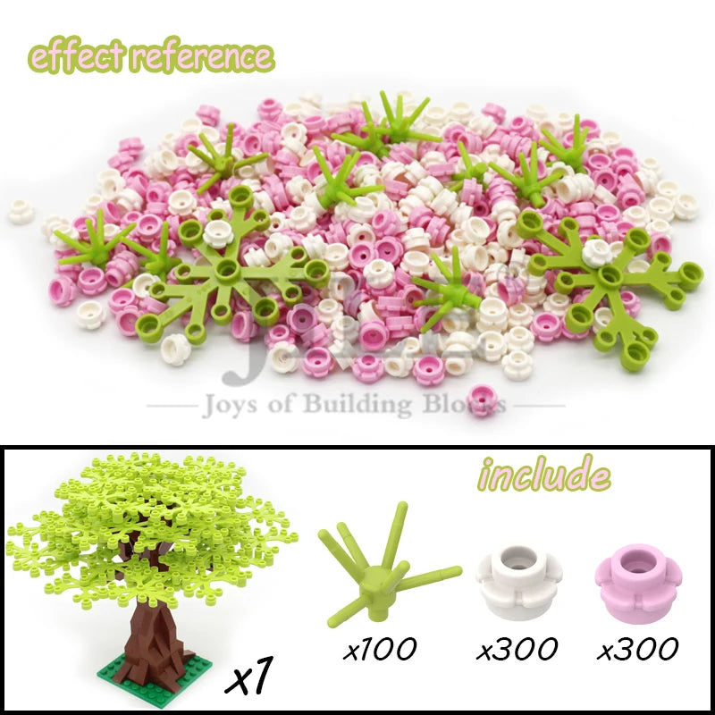 A set of pink and white building blocks shaped like cherry blossom branches, including 7 units with various sizes.