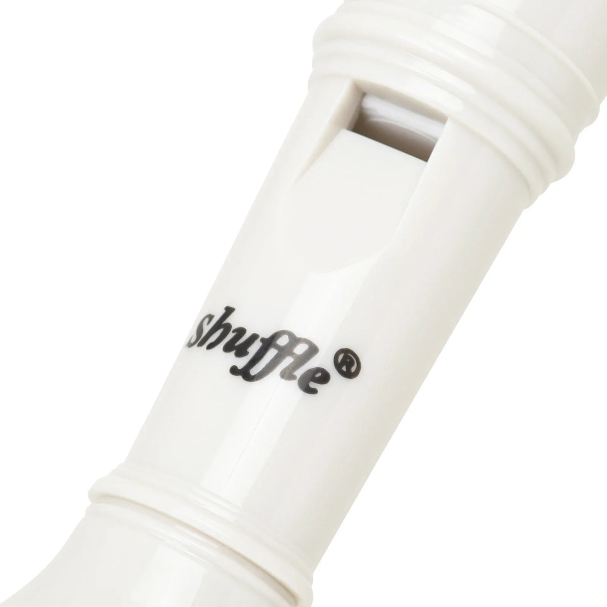 Close-up view of a white Baroque Clarinet Recorder mouthpiece with the Shuffle brand logo.