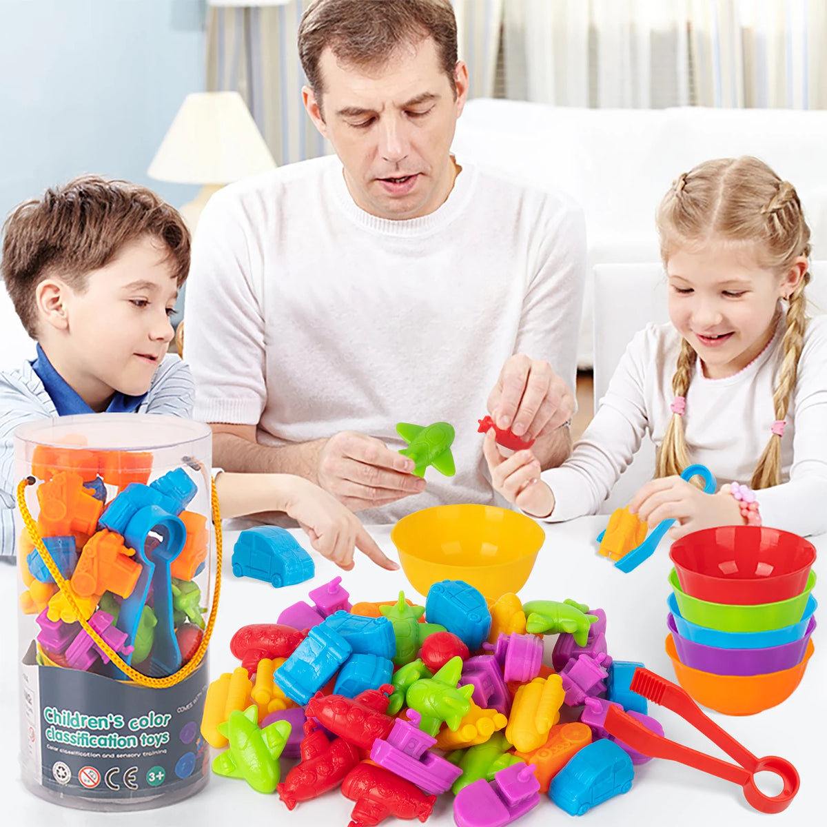 A man and a girl are interacting with a large assortment of colorful plastic toys for sorting and counting.