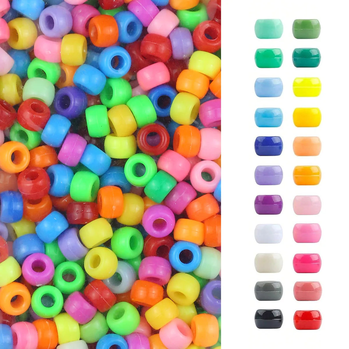 A close-up view of various solid color pony beads in a vertical arrangement.
