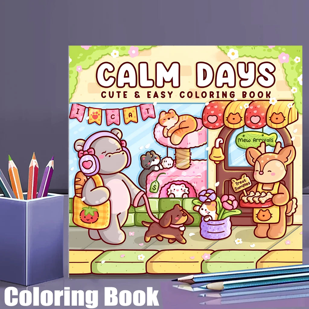 A coloring book titled Calm Days featuring cute animals like a bear and a fox in a colorful illustration.