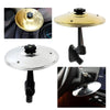 A clip-on car vent drum cymbal with an adjustable hook shown in various views.