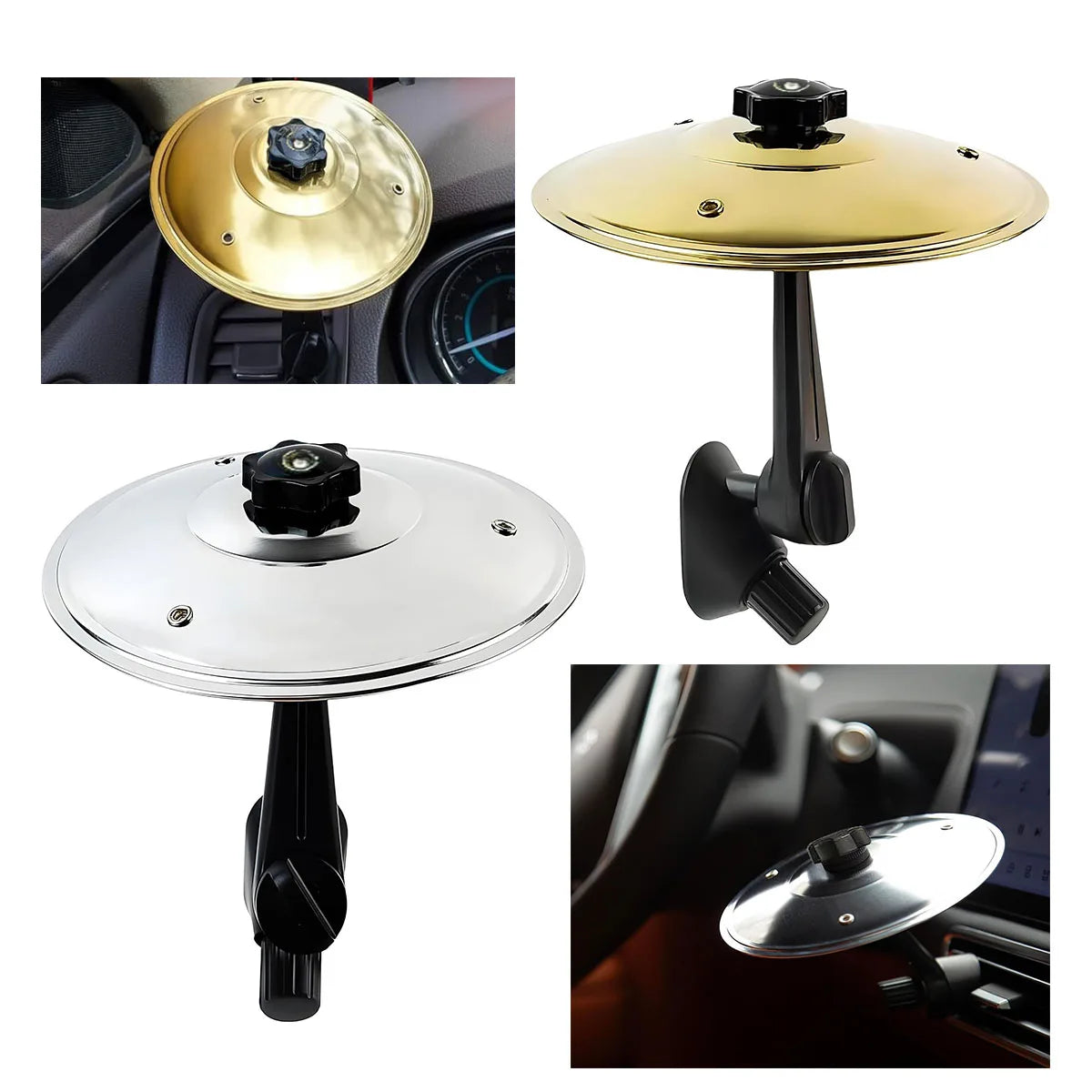 A clip-on car vent drum cymbal with an adjustable hook shown in various views.
