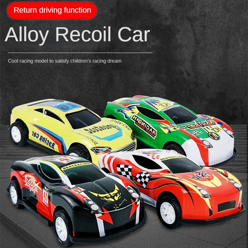 A collection of four diecast alloy racing cars in yellow, green, and red colors displayed on a dark background.