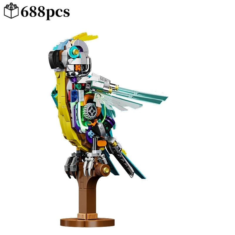 A detailed mechanical parrot model built from 688 pieces of building blocks.