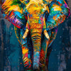 Vibrant, expressive painting of an elephant with multicolored, abstract brushstrokes against a dark blue background.
