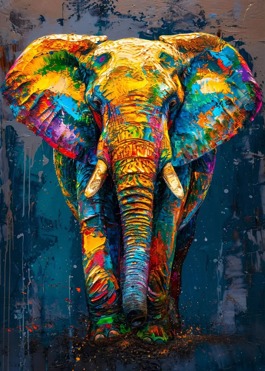 Vibrant, expressive painting of an elephant with multicolored, abstract brushstrokes against a dark blue background.