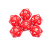 A set of red twenty-sided dice showing various numbered faces.