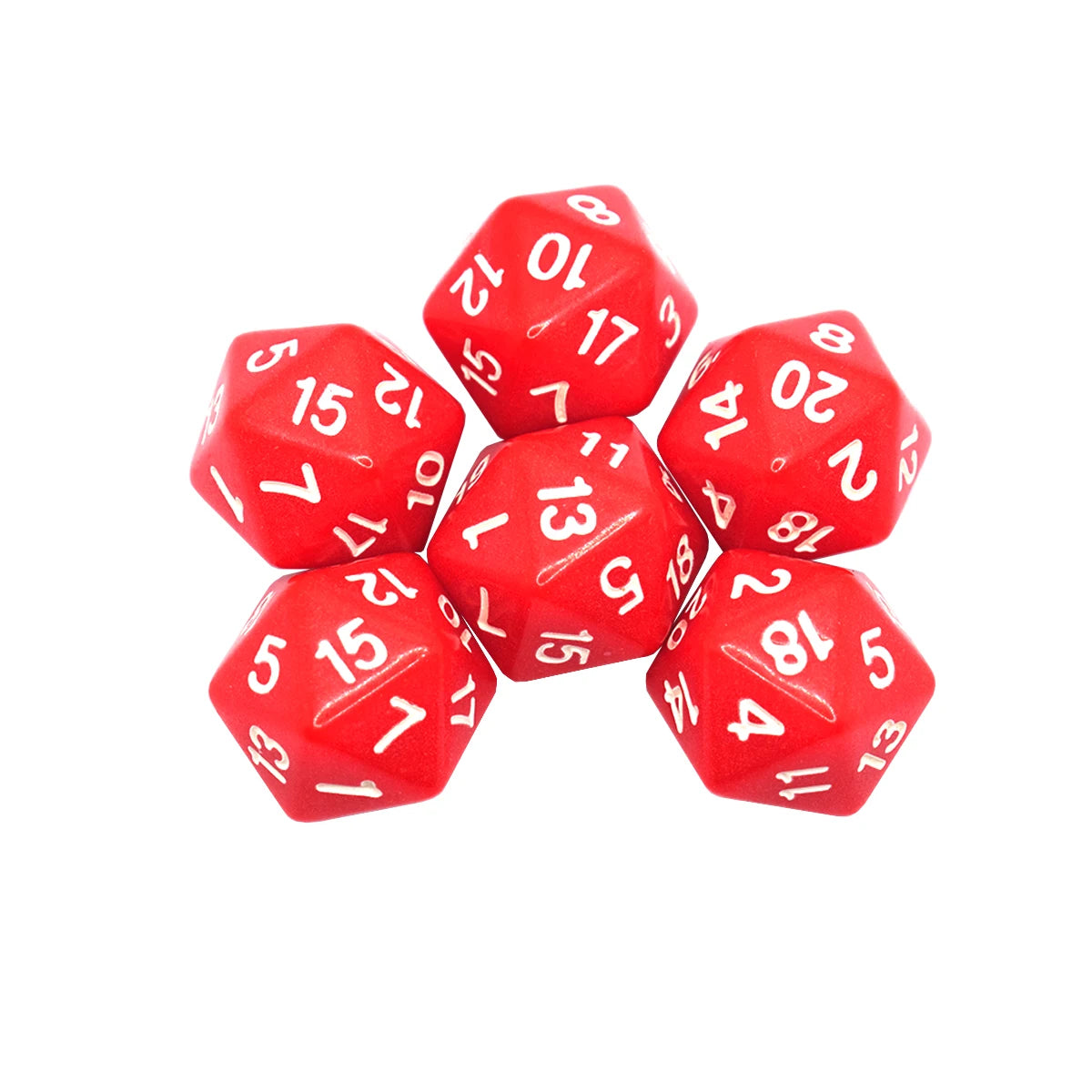 A set of red twenty-sided dice showing various numbered faces.