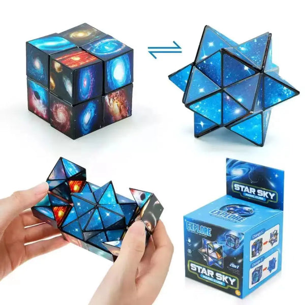 3D stjärnhimmel magisk kubpussel visas bredvid dess färdiga form och en låda.