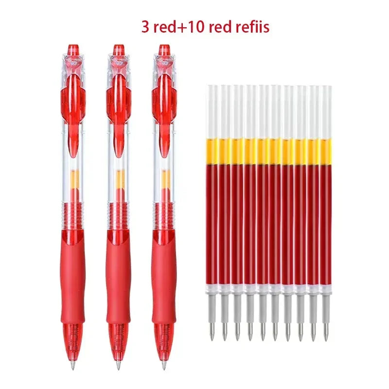A set of red retractable gel pens, showing three individual pens and a strip of ten pens.