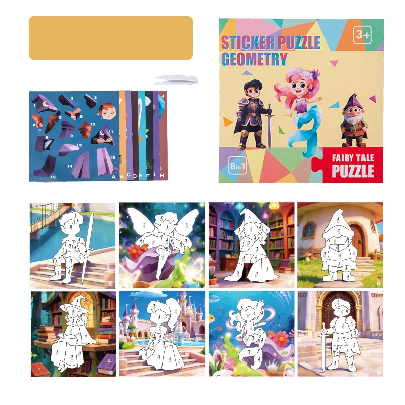 A colorful sticker puzzle kit featuring dinosaur and animal designs, including a fairy tale puzzle.
