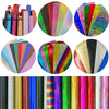A collection of various glitter, holographic, and laser heat transfer vinyl rolls in a wide array of colors.