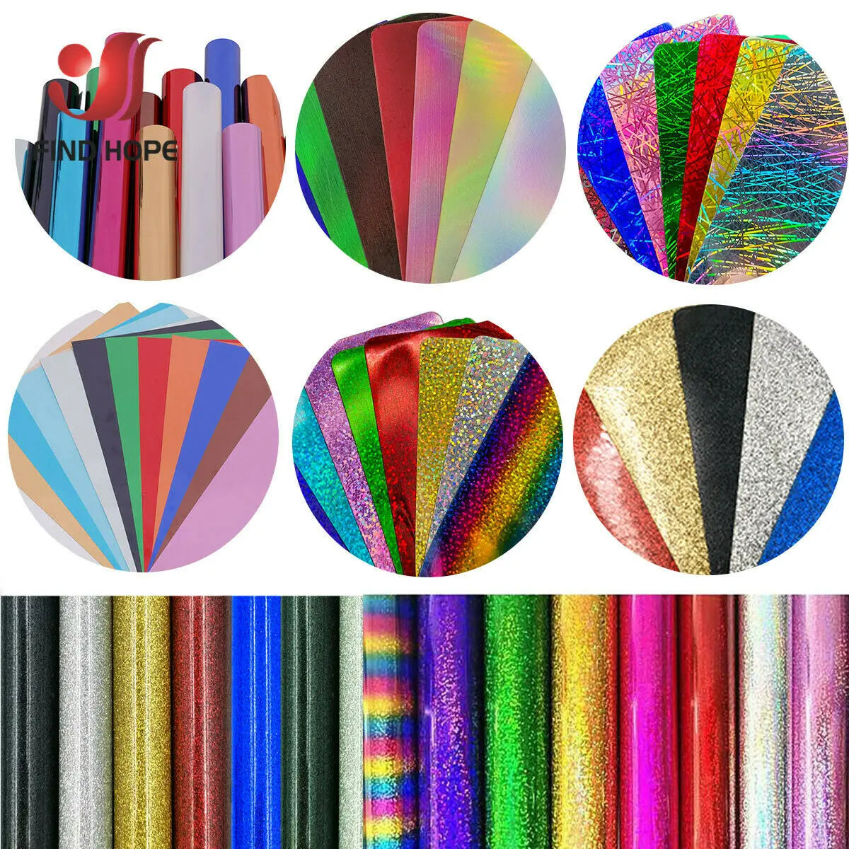 A collection of various glitter, holographic, and laser heat transfer vinyl rolls in a wide array of colors.