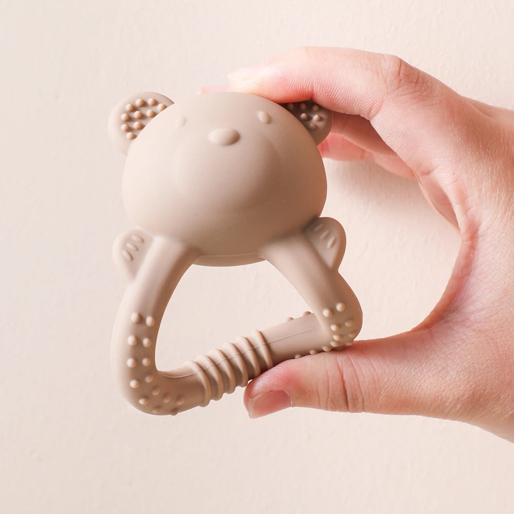 Bear-Shaped Silicone Baby Teether with Rattle Handle