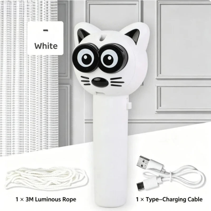A white cat-shaped electronic toy with large eyes and a cord is shown against a light gray background.