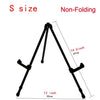 A black non-folding S size easel stand with adjustable height and width measurements shown.