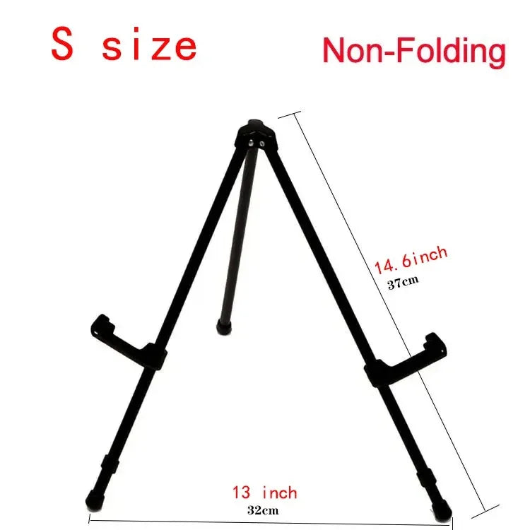 A black non-folding S size easel stand with adjustable height and width measurements shown.