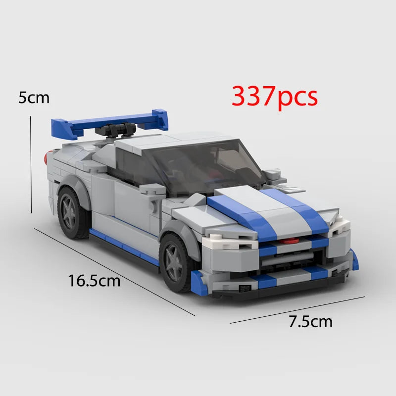 A model of a blue and white classic supercar built from building blocks, shown in a side view.