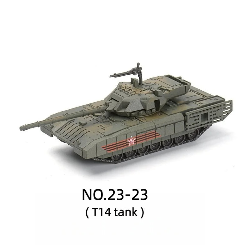 A model kit of a T14 tank shown in a gray color with red and black markings.