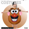 A woman wearing a large, orange Mr. Potato Head costume with black features and pink ears.