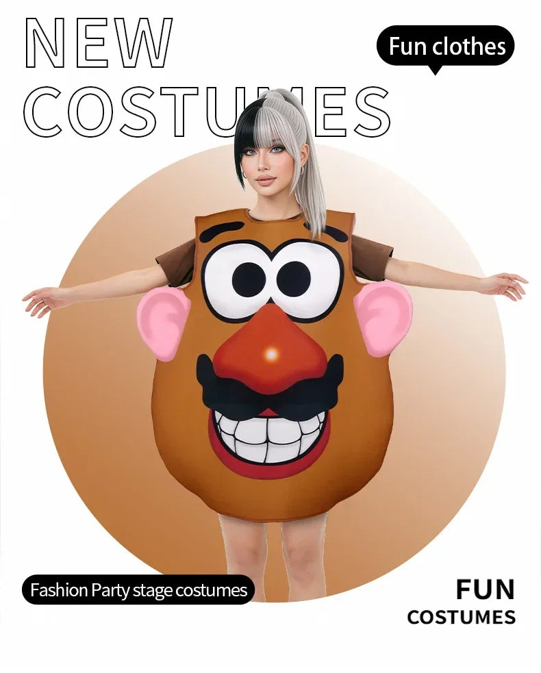 A woman wearing a large, orange Mr. Potato Head costume with black features and pink ears.