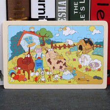 A colorful 24-piece wooden jigsaw puzzle featuring farm animals like a cow, sheep, and various woodland creatures.