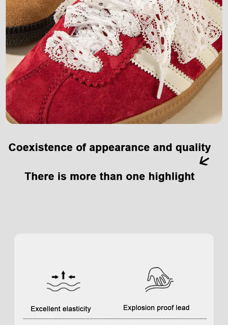 A close-up of a red suede shoe featuring white lace shoelaces and a gold sole.