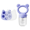 A purple silicone baby fruit feeder set with molds and a clear container for feeding