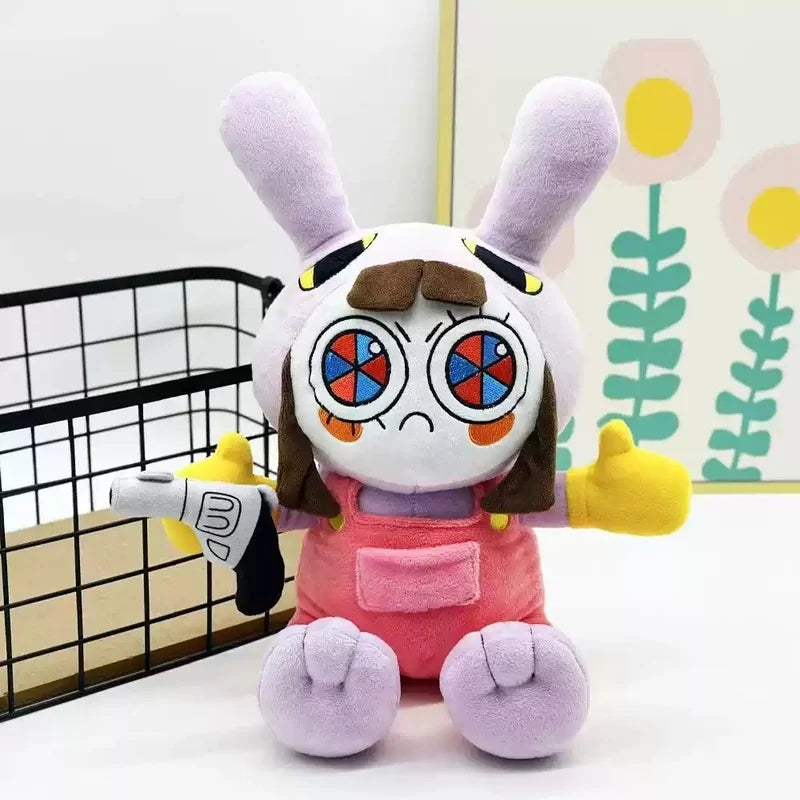 A fluffy purple plush doll resembling a rabbit with large eyes and brown ears.