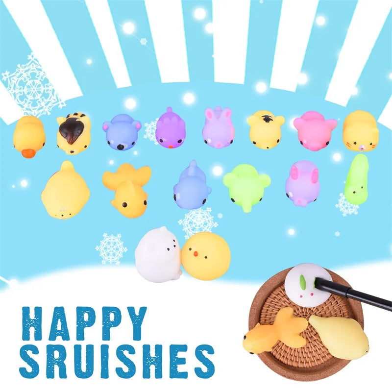 A collection of colorful mochi squishy toys shaped like various cute animals and food items, displayed against a light blue b