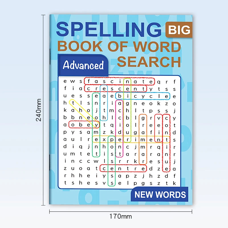 A book titled Spelling Big Book of Word Search Advanced with a blue and orange cover featuring word search puzzles.