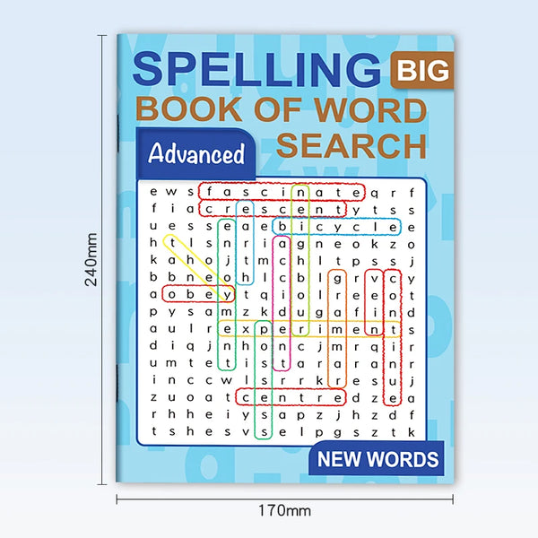 Un livre intitulé Spelling Big Book of Word Search Advanced, couverture bleue et orange avec des grilles de mots cachés.