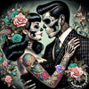 A detailed diamond painting featuring two stylized skulls with floral and decorative elements.