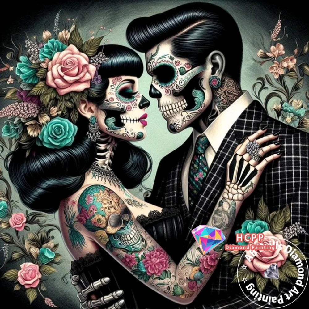 A detailed diamond painting featuring two stylized skulls with floral and decorative elements.