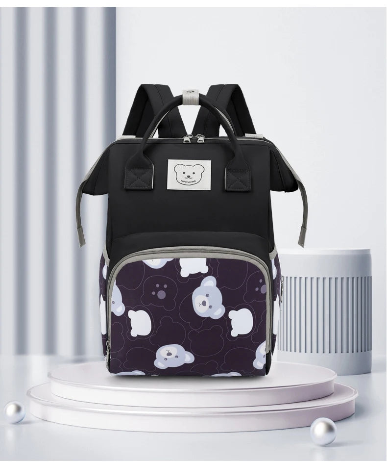 Waterproof Diaper Bag Backpack with Printed Bear Design