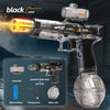 A silver automatic electric water gun with a flashing light and large tank is shown against a dark background.