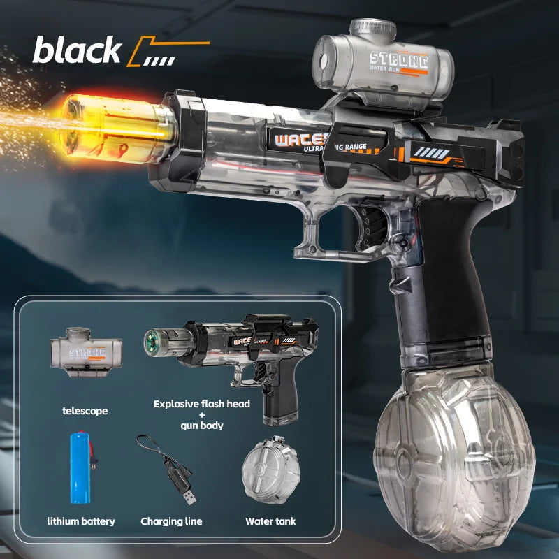 A silver automatic electric water gun with a flashing light and large tank is shown against a dark background.