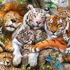 A group of various big cats, including lions and tigers, resting together in a natural setting.