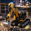 A yellow mini RC excavator with realistic mechanical joints digging into a pile of rocks.