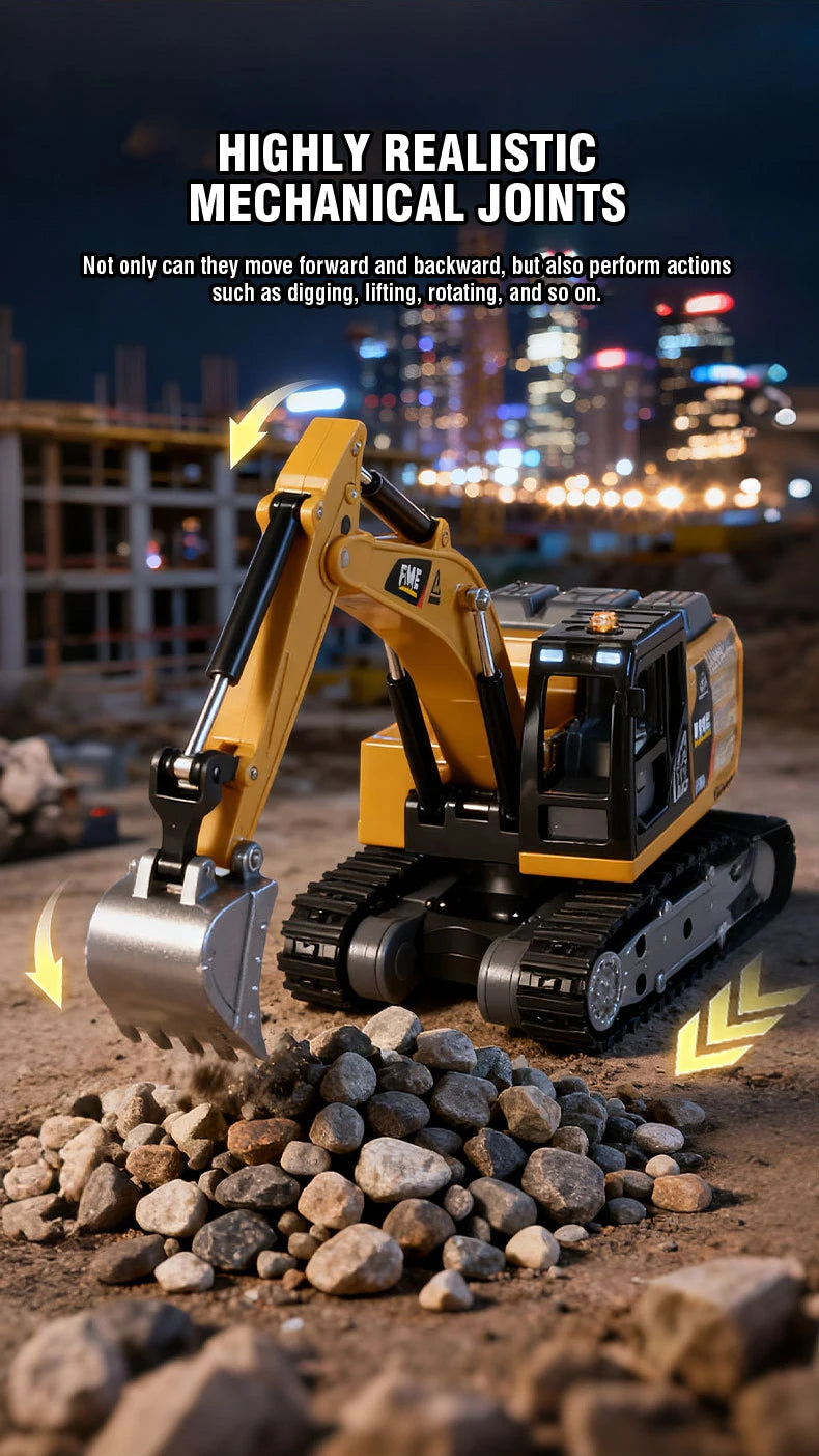 A yellow mini RC excavator with realistic mechanical joints digging into a pile of rocks.