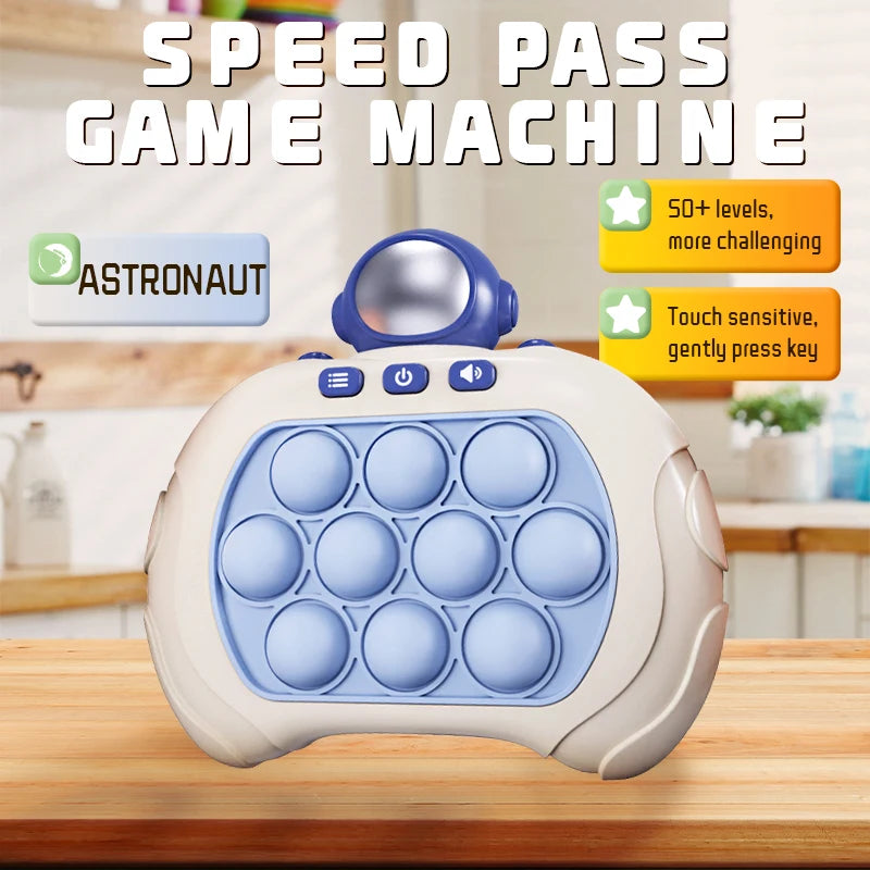 A light blue Pop It fidget game machine with buttons and a silicone puck is displayed on a wooden surface.