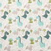 A repeating pattern of various dinosaur silhouettes in shades of green, blue, and gray on a light background.