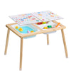 A wooden sensory activity table for kids featuring a double-sided top and foldable bins with colorful toys.