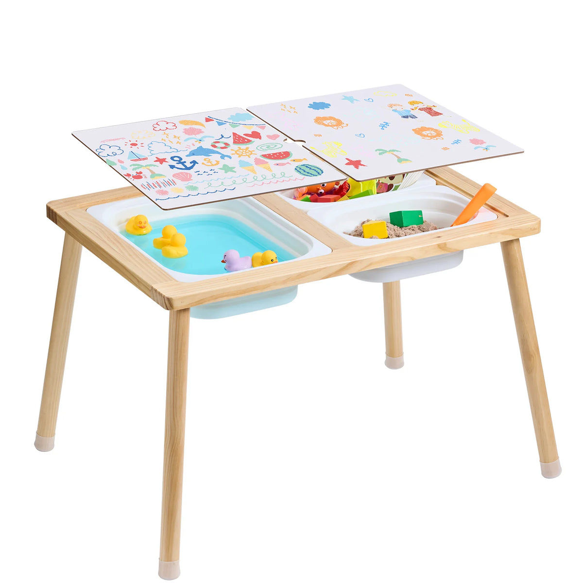 A wooden sensory activity table for kids featuring a double-sided top and foldable bins with colorful toys.