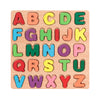 A wooden alphabet puzzle set showing uppercase and lowercase letters from A to Z arranged in a grid.