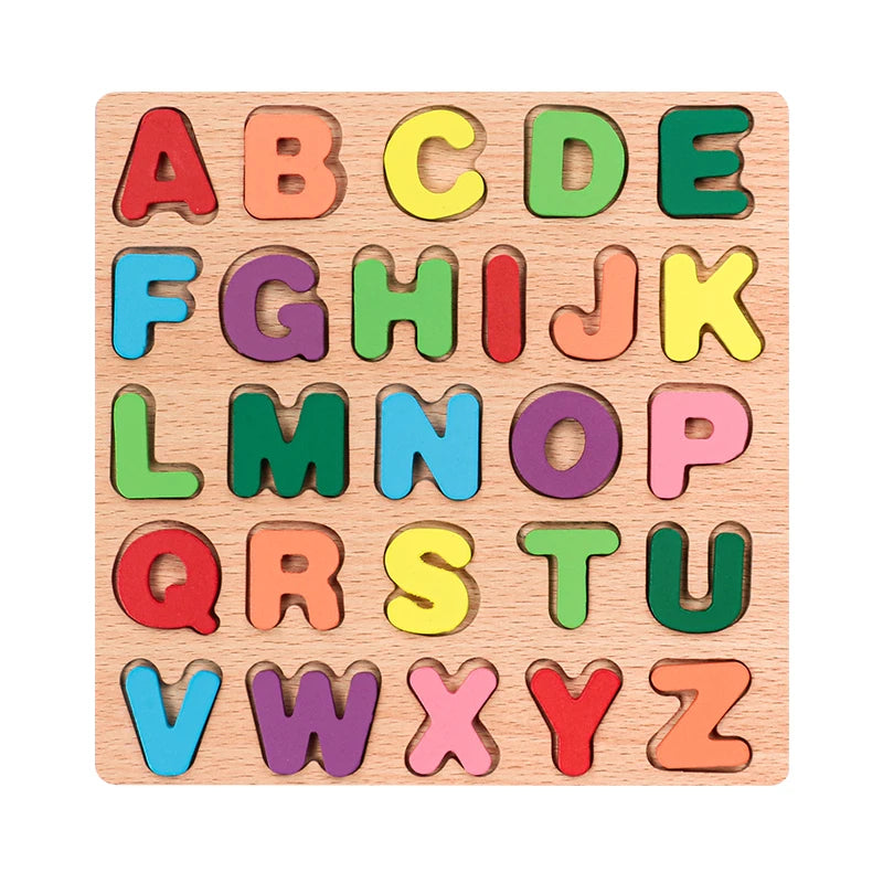 A wooden alphabet puzzle set showing uppercase and lowercase letters from A to Z arranged in a grid.